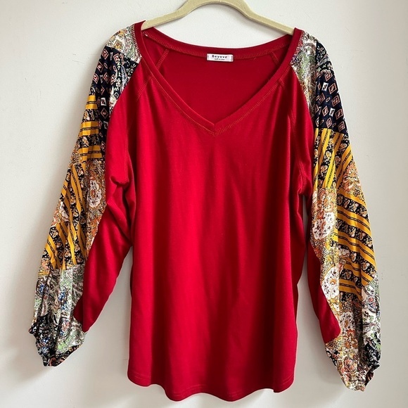 Boho Red Multi Color Balloon Sleeve Long Sleeve Blouse Size Large Colorful - Picture 2 of 11